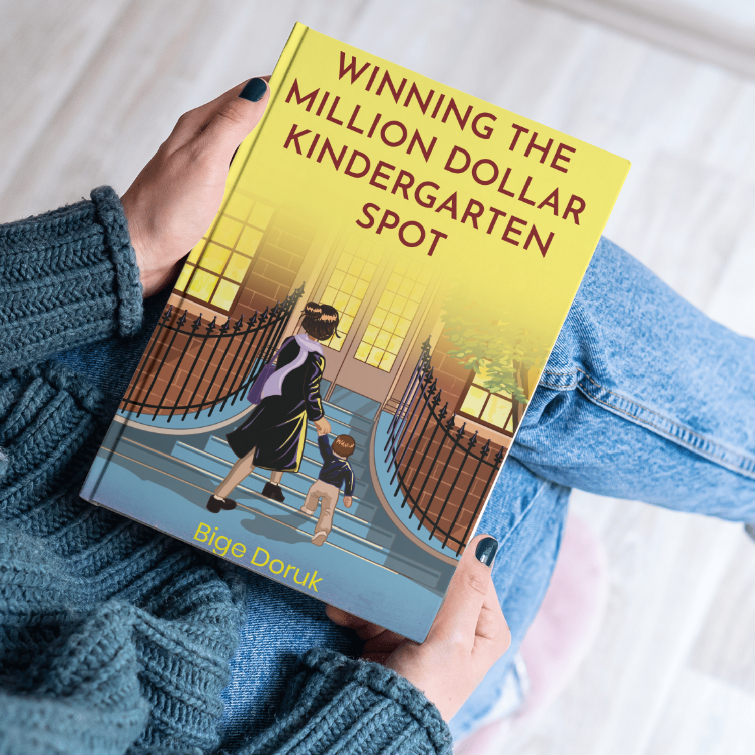 Book titled 'Winning the Million Dollar Kindergarten Spot' held by a person.